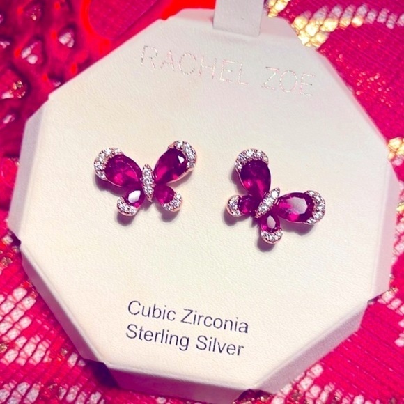 Brand New Rachel Zoe Sterling Silver Magenta Butterfly Post Earrings - Picture 6 of 12